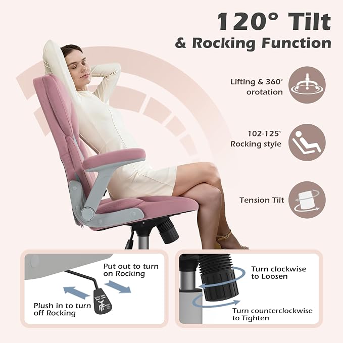 SEATZONE Rose Home Desk Office Chair with Arms and Wheels, Comfortable Executive Computer Chair, Breathable Mesh and Velvet Fabric Swivel Task Chairs for Women&Girls