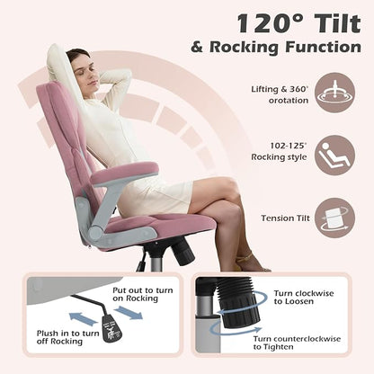 SEATZONE Rose Home Desk Office Chair with Arms and Wheels, Comfortable Executive Computer Chair, Breathable Mesh and Velvet Fabric Swivel Task Chairs for Women&Girls