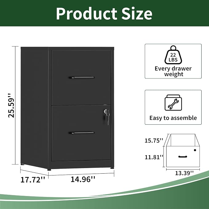 2 Drawer File Cabinet with Lock, Metal Vertical Filing Cabinet, Filing Cabinets for Home Office, Locking File Cabinet Hanging Files for A4/ Legal/Letter, Require Assembly, Black