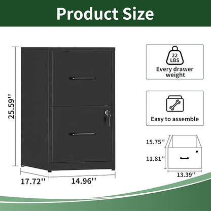 2 Drawer File Cabinet with Lock, Metal Vertical Filing Cabinet, Filing Cabinets for Home Office, Locking File Cabinet Hanging Files for A4/ Legal/Letter, Require Assembly, Black