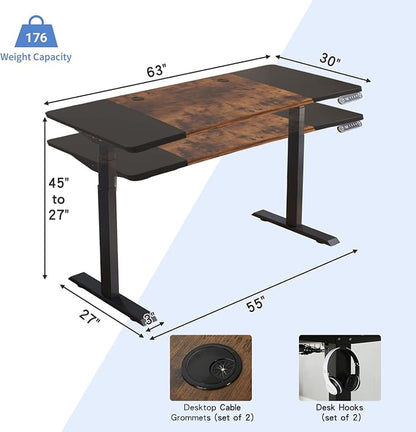 Height Adjustable Electric Standing Desk, 63x30 Height Stand Up Computer Desk,Sit and Stand Home Office Desk with Splice Board (Brown+Black Top, Black Frame)
