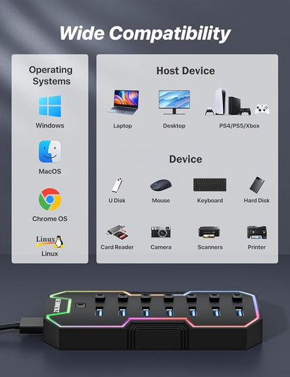 USB Hub 7 Port, RGB LED Strip USB Splitter for Laptop Gaming | USB 3.0 Hub with Individual LED On/Off Switches for Mac, PC, Desktop, Flash Drive, Mobile HDD