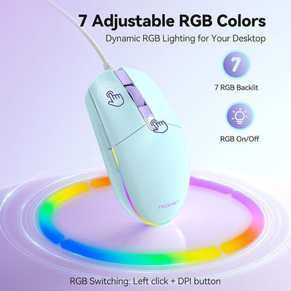 TECKNET Wired Mouse - USB Corded Mouse with RGB Backlit Full Size Optical Silent Mouse with Side Buttons,LED Plug and Play Wired Connection Office Mice for Desktop,PC,Laptop