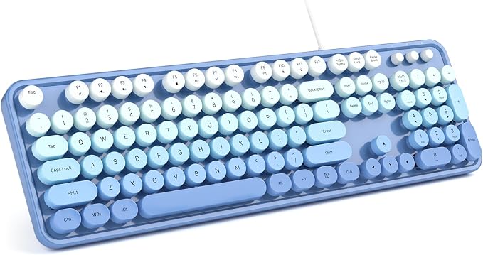 MOWUX Computer Keyboard Wired, Plug and Play USB Retro Round Typewriter Keyboard, Full Size Wired Keyboard with Foldable Stands for Laptop and Office PC- Blue Gradient