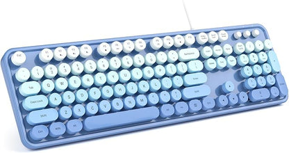 MOWUX Computer Keyboard Wired, Plug and Play USB Retro Round Typewriter Keyboard, Full Size Wired Keyboard with Foldable Stands for Laptop and Office PC- Blue Gradient