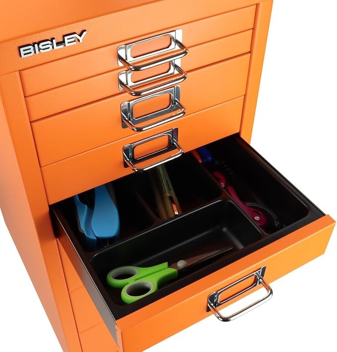8-Drawer Steel MultiDrawer Cabinet - Orange, by Bisley | Chrome Pull Handles with Label Holders, Powder-Coated Steel, Removable Drawers, Fits Under Most Desks, Labels Included