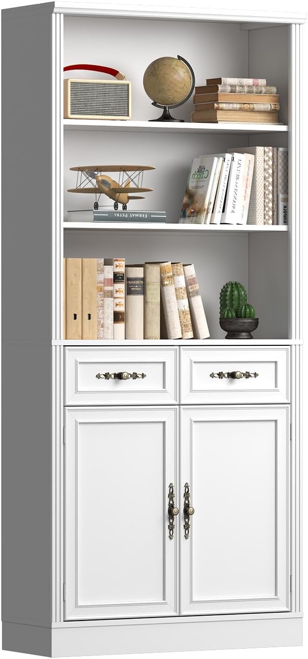 Thacuok 72'' Tall Bookcase with Doors and Drawers, Adjustable Shelves, P2 MDF Construction, 32'' Wide Freestanding Cabinet with Metal Handles, Hidden Storage for Living Room, Bedroom
