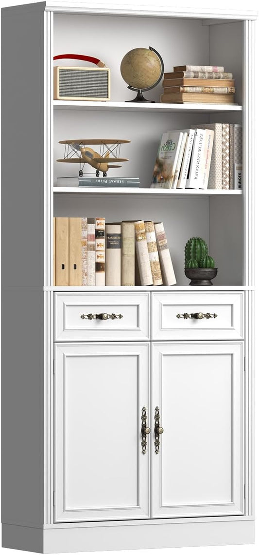 Thacuok 72'' Tall Bookcase with Doors and Drawers, Adjustable Shelves, P2 MDF Construction, 32'' Wide Freestanding Cabinet with Metal Handles, Hidden Storage for Living Room, Bedroom