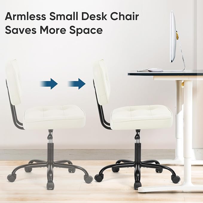DUMOS Home Office Desk Chair - Ergonomic Armless PU Leather Computer Rolling Task Chair with Comfy Lumbar Support and Height Adjustable, Vanity, Bedroom, Living Room, Ivory White