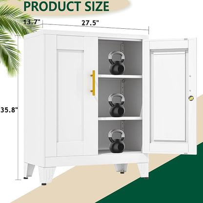 winiowa Tall Metal Storage Cabinet with Lock, Locking File Cabinet with 2 Doors and 2 Adjustable Shelves, White Lockable Organizer for Home Office Garage（27.6" W）