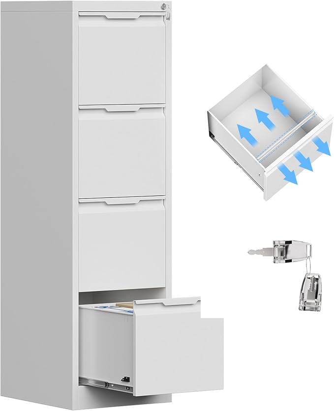 4 Drawer File Cabinet, Vertical Filing Cabinets for Home Office, 17.8" d Metal File Cabinets with Lock, White Deep File Cabinets for Legal/Letter Size File, Easy Assembly
