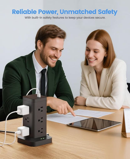 1800J Surge Power Strip Tower 1800J Fast Charging PD20W USB-C Black 10FT | 15-in-1 outlets with 12 AC plug, 2 USB-C & 1 USB-A; 10ft extension cords with multiple outlets; for home office dorm room;