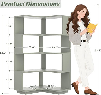 Armocity Corner Book Shelf - 5 Tier Corner Bookshelf Etagere Bookcase with Baffle, Freestanding L Shaped Display Shelf Stand for Home Office, Living Room, Bedroom, Kitchen, Crab Green