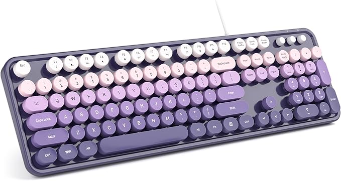 MOWUX Computer Keyboard Wired, Plug and Play USB Retro Round Typewriter Keyboard, Full Size Wired Keyboard with Foldable Stands for Laptop and Office PC- Purple Gradient