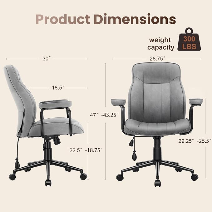 Mid Century Modern Office Chair with Inflatable Lumbar Support, Ergonomic Brown PU Leather Desk Chair with Arms, Height Adjustable Swivel Executive Computer Chair for Home Office, 300lbs