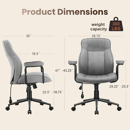 Mid Century Modern Office Chair with Inflatable Lumbar Support, Ergonomic Brown PU Leather Desk Chair with Arms, Height Adjustable Swivel Executive Computer Chair for Home Office, 300lbs