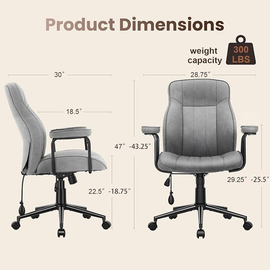 Mid Century Modern Office Chair with Inflatable Lumbar Support, Ergonomic Brown PU Leather Desk Chair with Arms, Height Adjustable Swivel Executive Computer Chair for Home Office, 300lbs