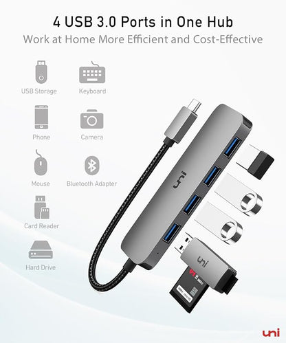 uni USB C to USB Hub Multiport Adapter, Aluminum 4 Ports USB C Splitter for Laptop, Slim Thunderbolt 3/4 Data USB Hub Compatible for MacBook Pro/Air, iPad Pro, Dell, Chromebook | Keyboard, Mouse, HDD