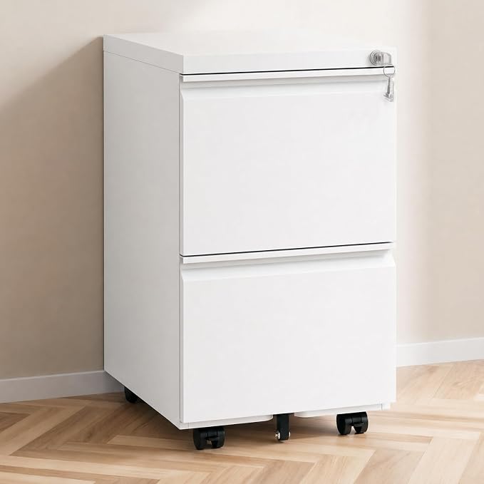 2 Drawer File Cabinet with Lock,Rolling Filing Cabinet with Wheels for Home Office,Under Desk Metal File Cabinet,Office Storage Organizer,White