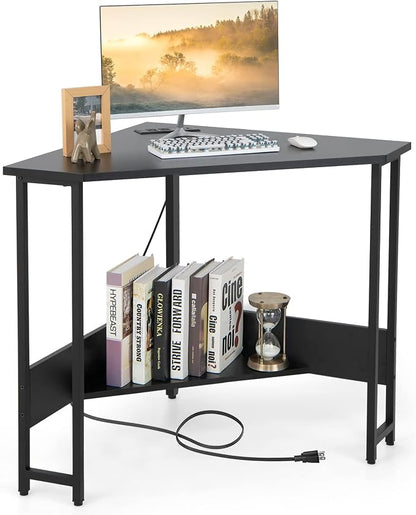GOFLAME Corner Desk with Power Outlet, Triangle Computer Desk for Small Space, Space-Saving Writing Desk with Storage Shelf and Charging Station, Modern Laptop PC Desk for Home Office, Black