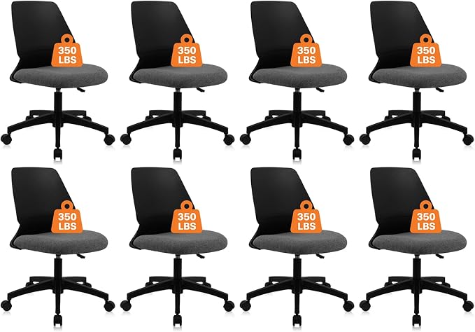 CLATINA Armless Home Office Chair, Ergonomic Small Desk Chair with Wheels and Soft Thick Upholstered Cushion, Comfy Adjustable Height Swivel Computer Task Chair for Conference Waiting, Black, 8Pack