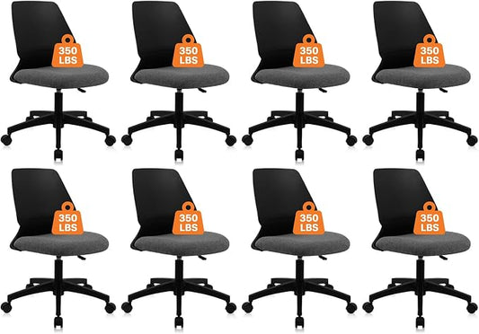 CLATINA Armless Home Office Chair, Ergonomic Small Desk Chair with Wheels and Soft Thick Upholstered Cushion, Comfy Adjustable Height Swivel Computer Task Chair for Conference Waiting, Black, 8Pack