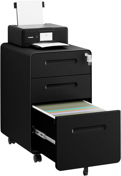 3 Drawers File Cabinet, Mobile Filing Cabinet with Lock, with 25 File Folders, Steel, Fully Assembled Except Casters, for Home Office, Black