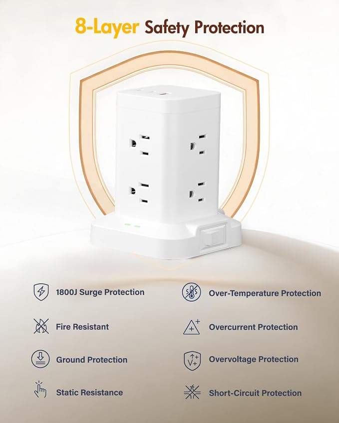 2 Pack Power Strip Tower with Surge Protector 1800J, Fast Charging Tower PD20W USB-C Ports with 8 AC Outlets, 6ft Extension Cord for Home Office Dorm Room, White