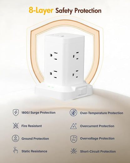 2 Pack Power Strip Tower with Surge Protector 1800J, Fast Charging Tower PD20W USB-C Ports with 8 AC Outlets, 6ft Extension Cord for Home Office Dorm Room, White