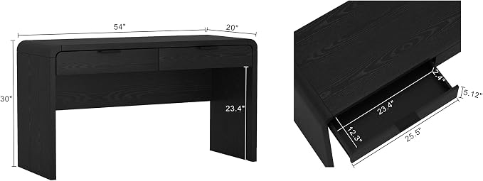 Manhattan Comfort Grace 54" Modern Office Desk with 2 Drawers, Wood Table with Metal Recessed Handles for Work from Home, Study, Craft, Stylish Executive Desk, Black