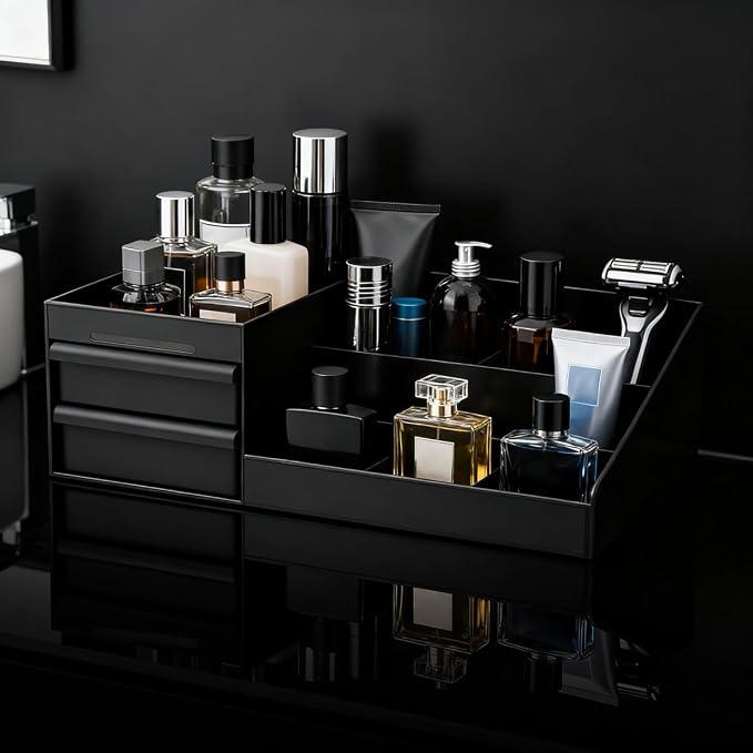 Black Cologne Organizer for Men,Large Perfume Stand Holder with Drawers,Cologne Stand,Shelves for Perfumes,Organizador de Perfumes,Dresser Organizer Countertop for Mens Bathroom & Bedroom Storage
