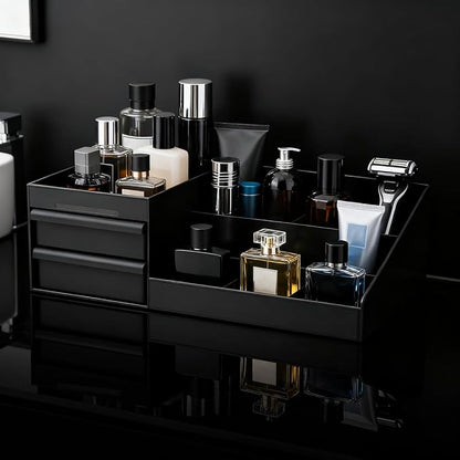 Black Cologne Organizer for Men,Large Perfume Stand Holder with Drawers,Cologne Stand,Shelves for Perfumes,Organizador de Perfumes,Dresser Organizer Countertop for Mens Bathroom & Bedroom Storage