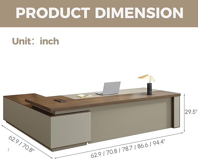 L Shape Executive Desk with Reversible Drawer Cabinet, Lockable Storage & Cable Box, Large Modern Office Desk for CEO or Home Workspace (Black Walnut+Khaki, 95" L*71" W*30" H)