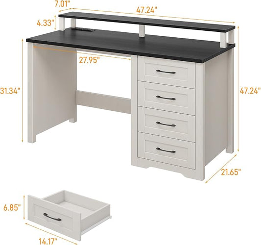 Vabches 47" Farmhouse Executive Desk with Monitor Stand and LED Lights,4 Drawers Computer Desk with Power Outlets,Large Workspace for Work Study Writing, (Black)