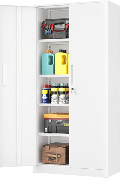 INTERGREAT Metal Storage Cabinet with Lock, 72" Office Storage Cabinet with Locking Doors and 4 Adjustable Shelves, White Lockable Steel Cabinet for Home Office, School
