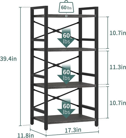 Yoobure 4 Tier Bookshelf - Small Book Shelf Industrial Bookcase, Narrow Book Case Book Storage Organizer for CD/Movie/Book, Bookshelves for Bedroom Office Living Room Charcoal Gray