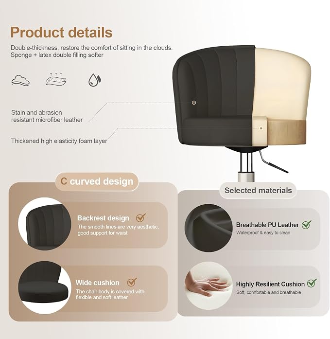 Small Desk Chair Round Rolling Chair with Back PU Leather Height Adjustable Swivel Vanity Work Computer Stool Chair for Home Office Bedroom, Set of 2