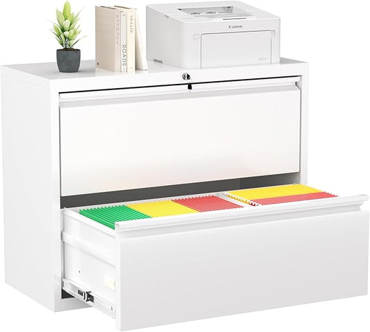 Greenvelly 2 Drawer File Cabinet, White Lateral File Cabinet with Lock, Filing Cabinet for Home Office, Lockable File Cabinets for Legal/Letter/A4/F4 Size with Hanging Files&Key