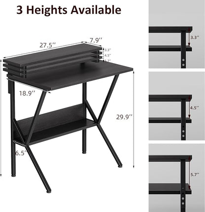 COTUBLR Small Desk, 27.5 Inch Small Computer Desk for Small Spaces, Computer Desk with Adjustable Monitor Stand, Compact Desk with Storage, Tiny Desk Study Desk for Bedroom Home Office, Black