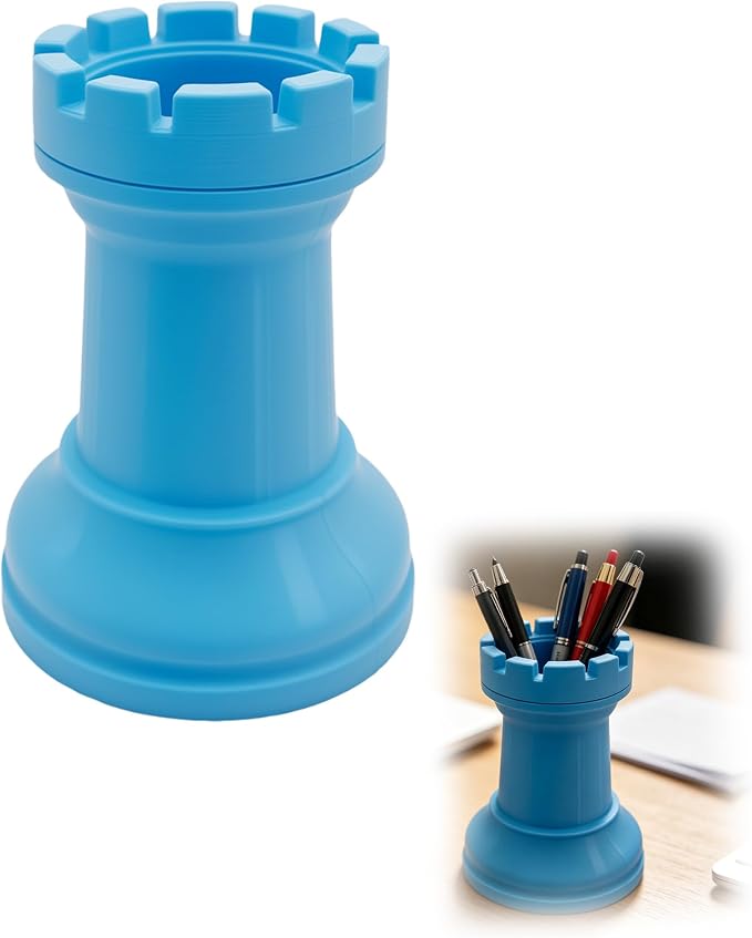 Chess Rook Pen Holder, 3D Printed Chess Piece Desk Organizer for Home Office Decor, Black (Blue)