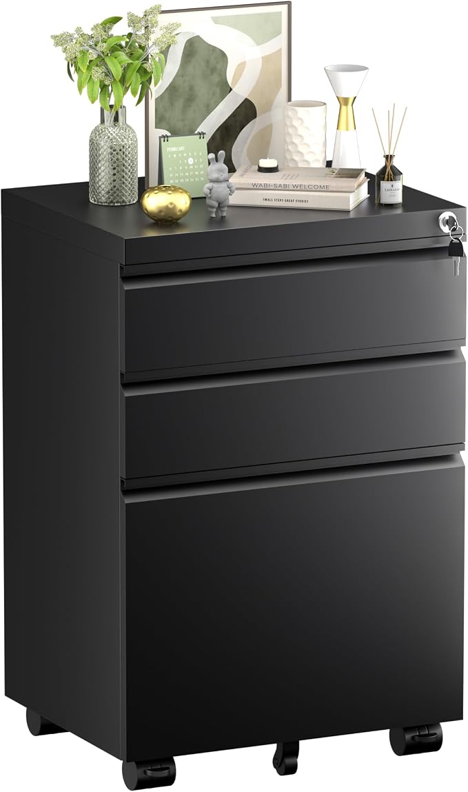 Crownland Office Mobile File Cabinet with Lock, Metal Filing Cabinets with 3 Drawers for Home Office, Lockable File Cabinet for Legal/Letter/A4/F4 Size(Black)
