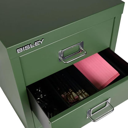 Bisley 3-Drawer Steel MultiDrawer Cabinet - Olive Green | Chrome Pull Handles with Label Holders, Powder-Coated Steel, Removable Drawers, Desktop Storage, Labels Included