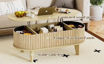 Oval Coffee Table with Lifting Top, 41" Fluted Coffee Table with Storage for Living Room or Home Office, Oak