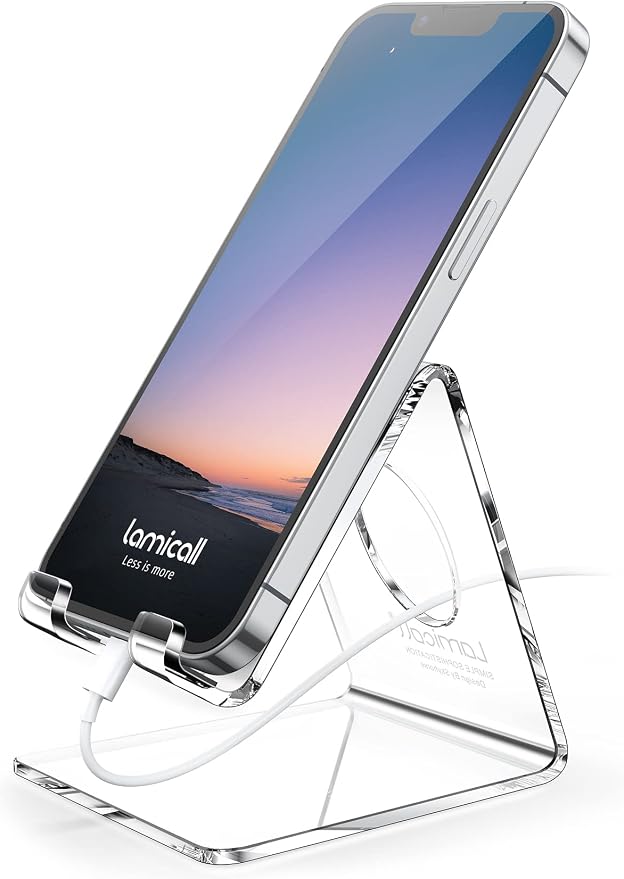 Lamicall Cell Phone Stand, Desk Accessories - Clear Office Cell Phone Holder, Acrylic Phone Stand, Desktop, Acrylic Office Supplies Desk Decor Accessories, Suitable for iPhone, 4-8'' Phone, Gifts