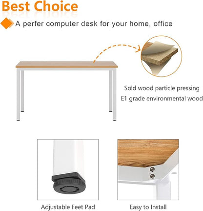 Need Computer Desk, 47 inch Home Office Desk, Modern Simple Style Home Office Gaming Desk, Basic Writing Table for Study Student, White Metal Frame, Teak Tabletop