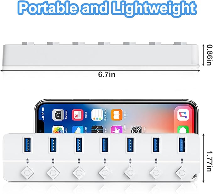 ONFINIO USB Hub 3.0, 7-Port USB Hub Splitter with Individual On/Off Switches and Lights, 3.2ft/1m Long Cable Compatible with MacBook, Laptop, Surface Pro, PS4, PC, Flash Drive, Mobile HDD-White