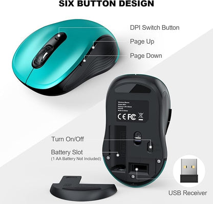 WisFox 2.4G Wireless Mouse for Laptop, Ergonomic Computer Mouse with USB Receiver and Type-C Adapter, 3 Adjustable Levels, 6 Button Cordless Wireless Mice for Windows Mac PC Notebook (Green)