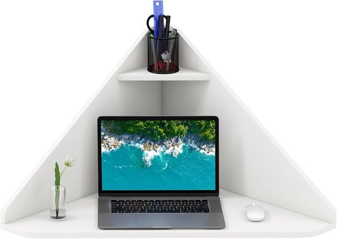 Giantex Corner Floating Desk, Wall Mounted Computer Desk with Storage Shelf, Space-Saving Writing Desk, Triangle Laptop Desk for Living Room, Study, Bedroom, Home Office & Small Spaces (White)