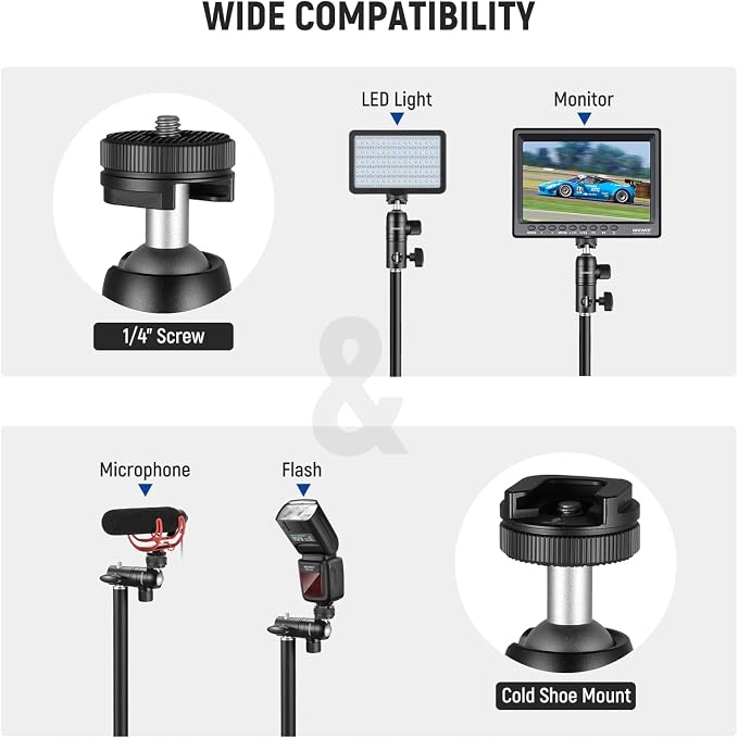 NEEWER Light Stand Mount Adapter with Cold Shoe and 1/4” Screw Mini Ball Head, Reversible Mounting Plate for Camera Monitor Ring Lights, Fits Flat Head/Boom arm/C Stands, Max. Load 22lb/10kg