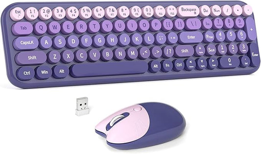 Wireless Keyboard and Mouse Combo, MOWUX Compact Typewriter Retro Round Computer Keyboard, Cute Optical Mouse Wireless, Plug and Play, for Laptop, PC, Computer- Purple Gradient